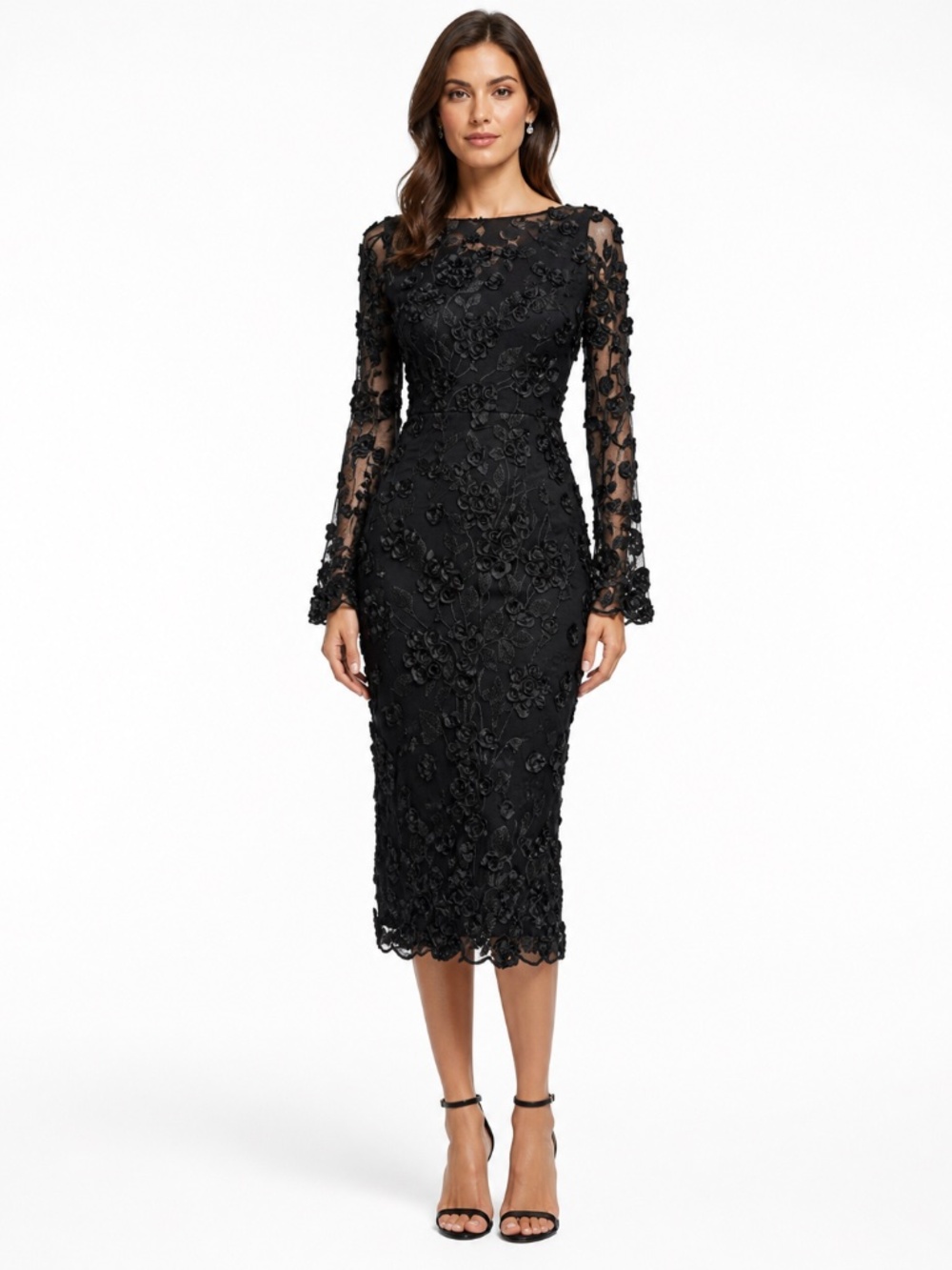 AQUA Formal - Black 3D‎ Floral Appliqué Sheer Sleeve Midi Dress